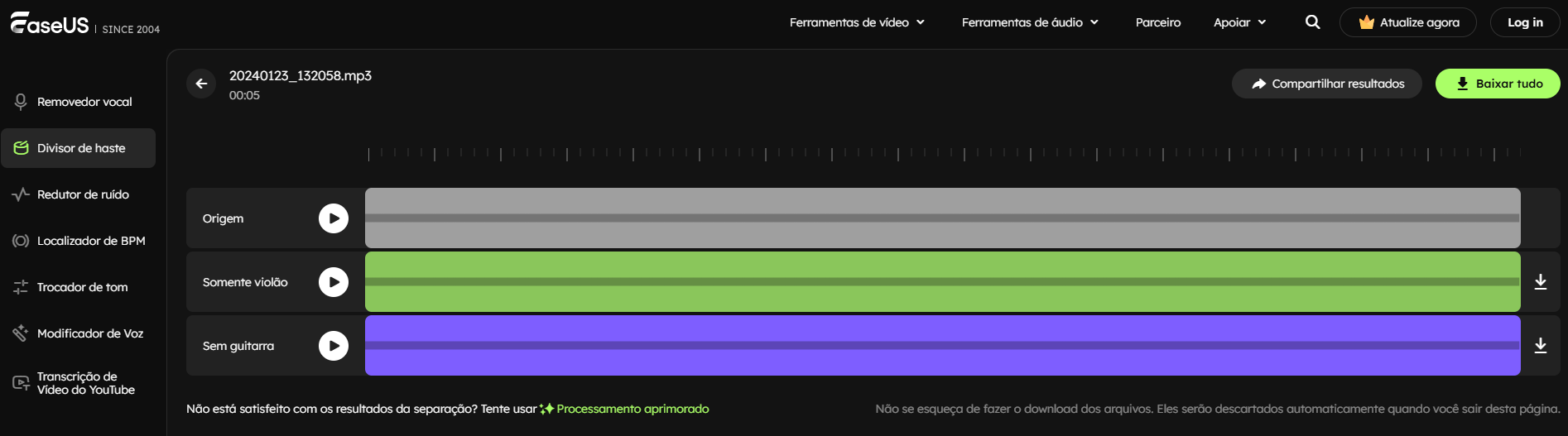 Baixe a música com o instrumento específico removido