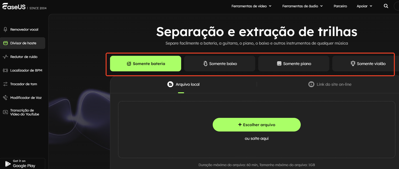 Escolha o instrumento e o arquivo