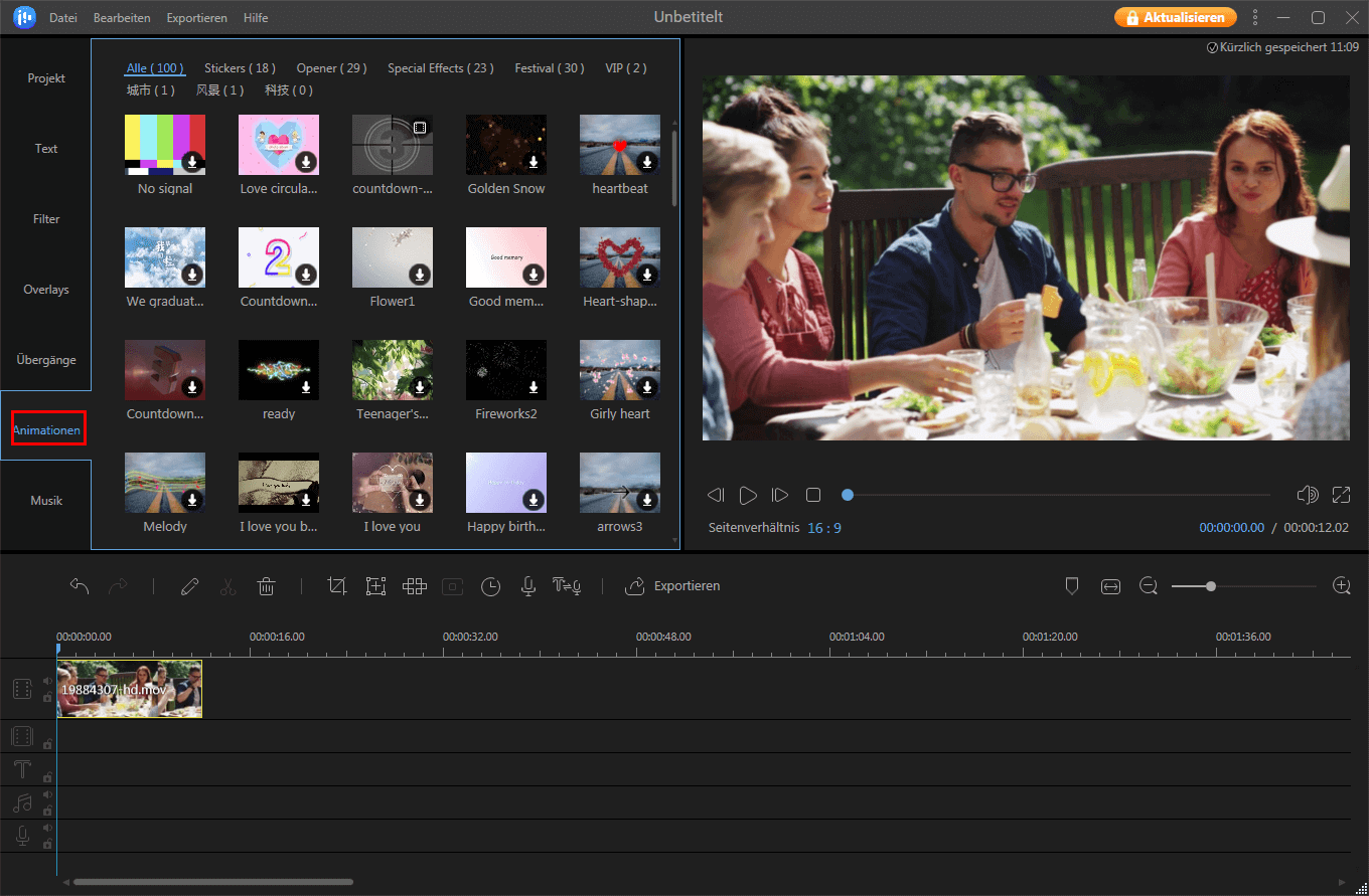 Animation in das Video einfügen.