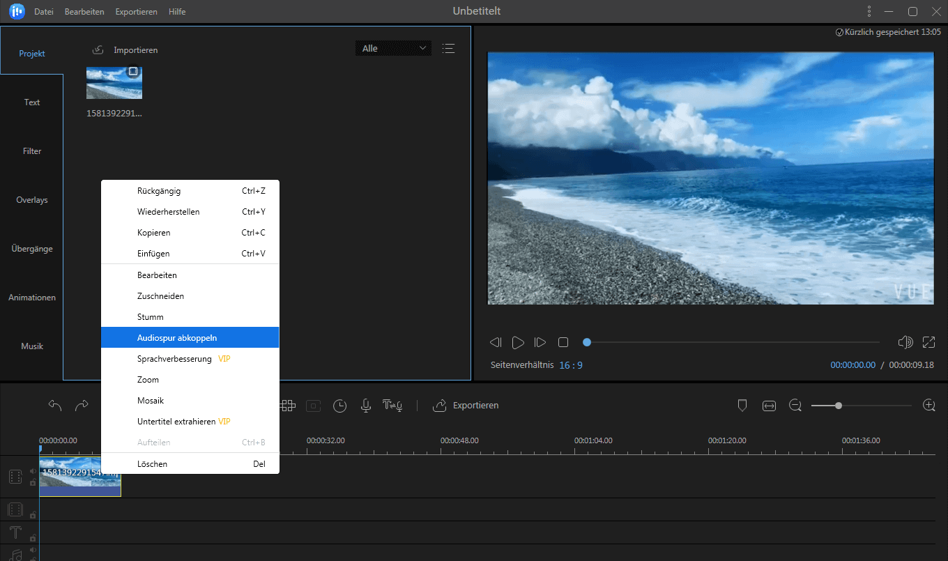 Audiospur mit EaseUS Video Editor ausfiltern
