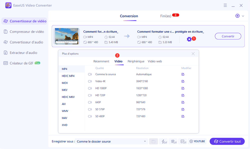 Choisir le format de sortie