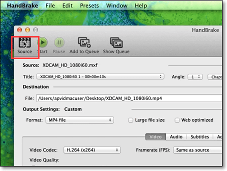 Import MP4 file to HandBrake