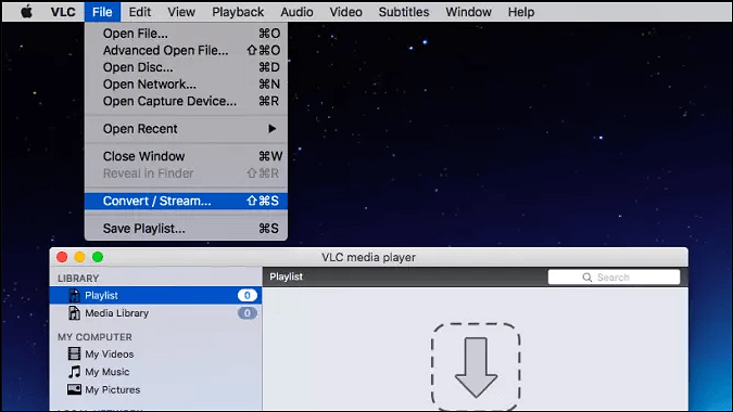 Choose conversion feature in VLC