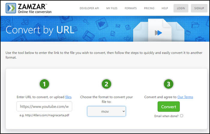 ZamZar to MOV from YouTube