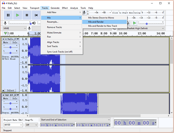 Merge audio files with Audacity