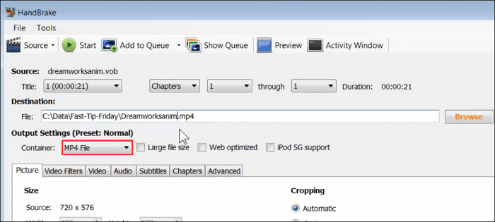 Choose output format in Handbrake