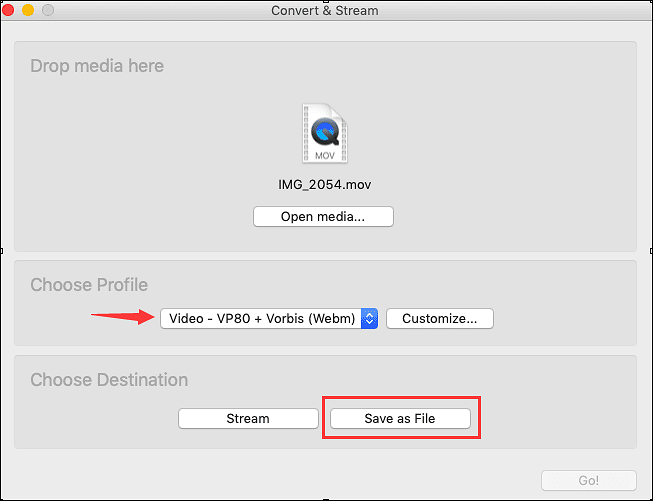 La fenêtre Convertir & diffuser de VLC Mac