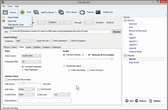 Convertisseur de résolution vidéo Handbrake