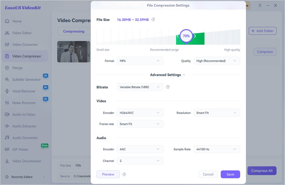 complete file compression settings