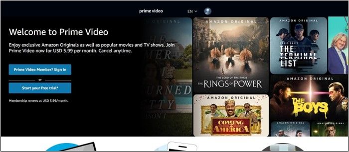 interface de vídeo amazon prime