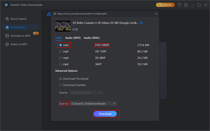Format wählen Qualität easeus Video Downloader