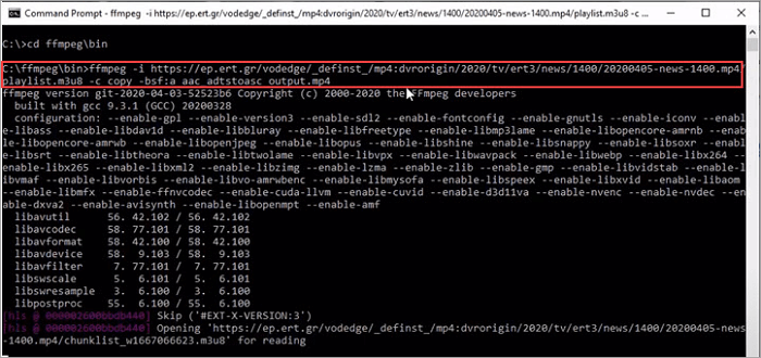 linha de comando ffmpeg paste para converter m3u8