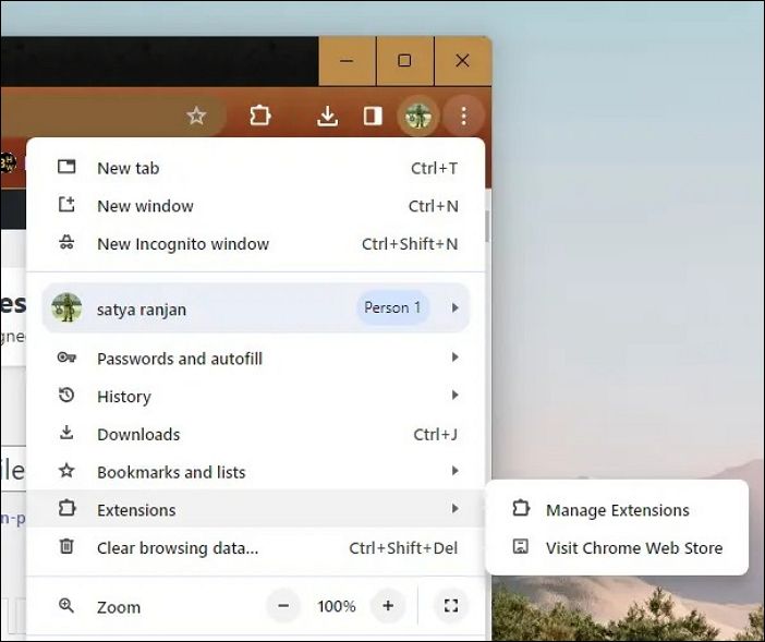 開啟瀏覽器擴充頁面