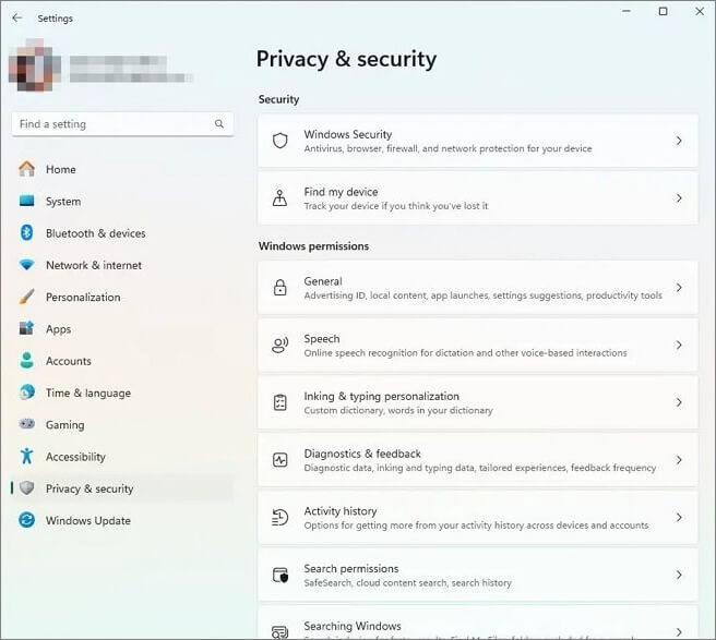 隱私和安全窗口
