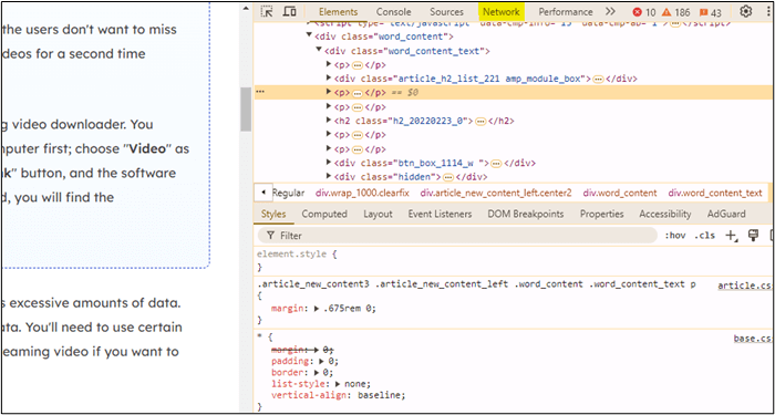 Netzwerkoption über das Inspektionselement