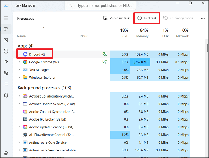 Diskord im Task-Manager anklicken