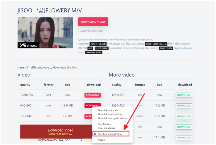 salva il collegamento per il download su Google Drive