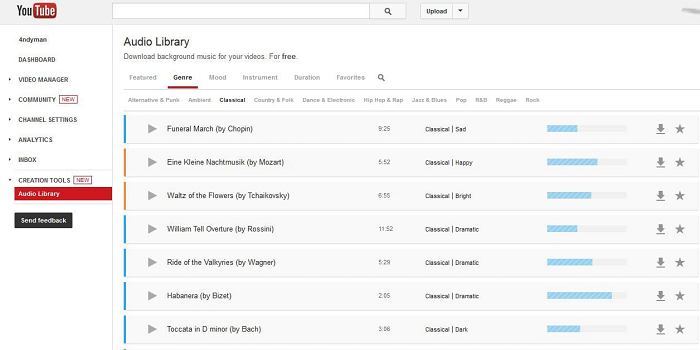 Biblioteca de áudio do YouTube