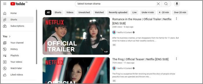 interface de drama coreano do youtube
