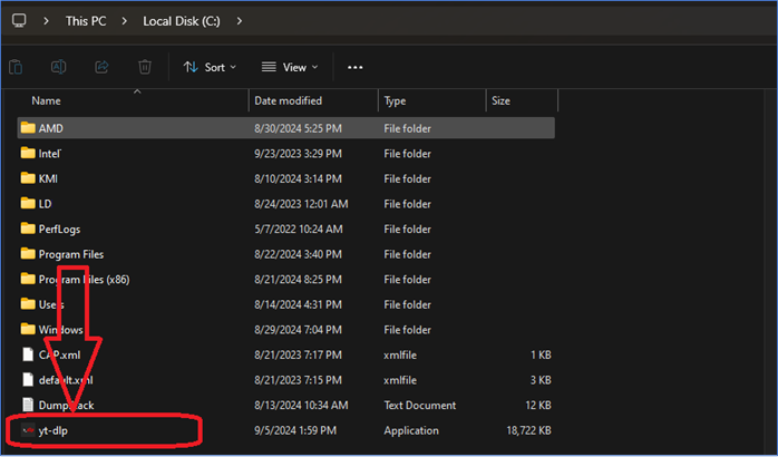yt dlp exe-Datei auf dem Laufwerk c