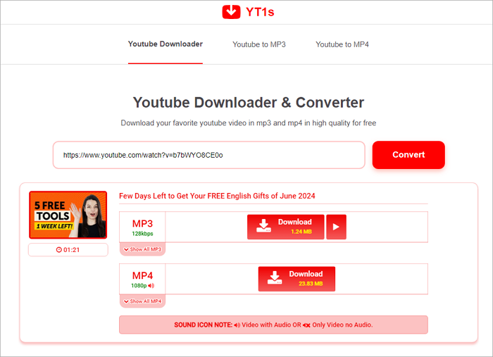 Baixe áudio do YouTube com YT1s