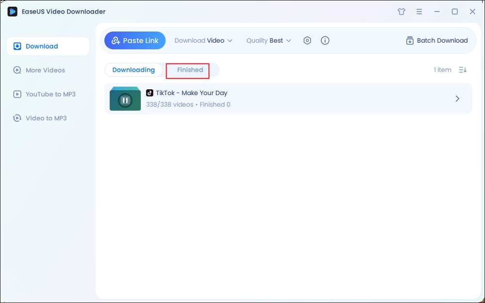 find tiktok channel video on easeus video downloader finished tab