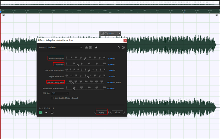 adobe audition ajusta parâmetros de redução de ruído adaptável
