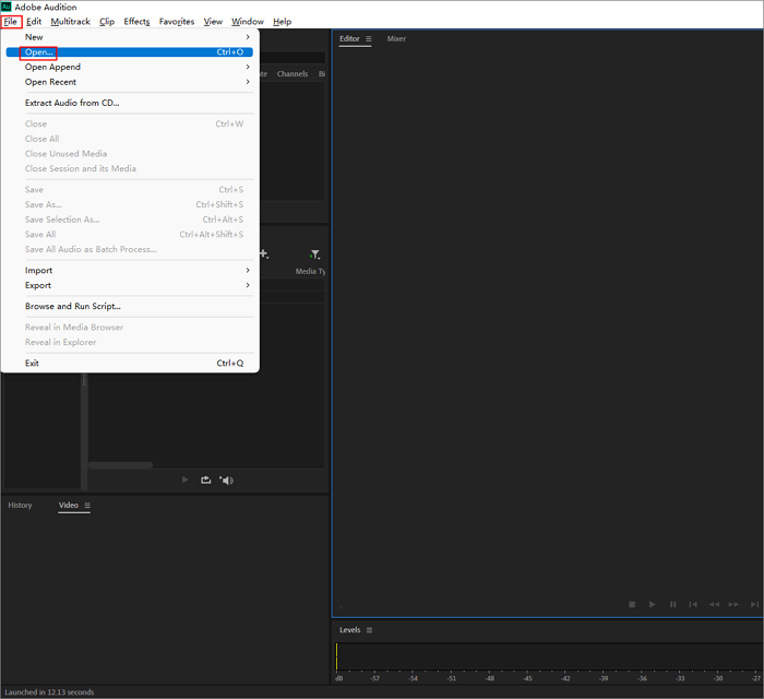adobe audition abrir arquivo de áudio
