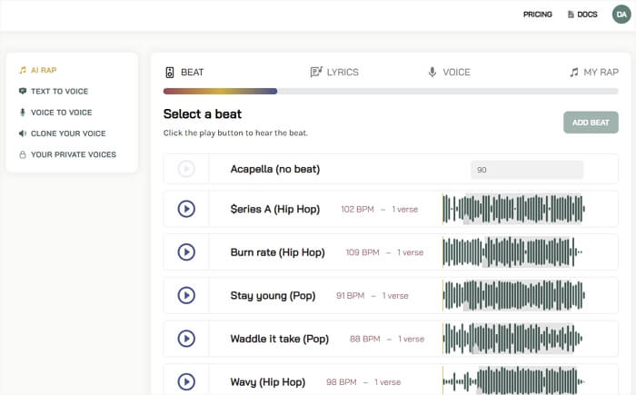 select a beat from the list