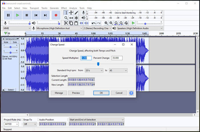 Audacity - open source music speed changer 