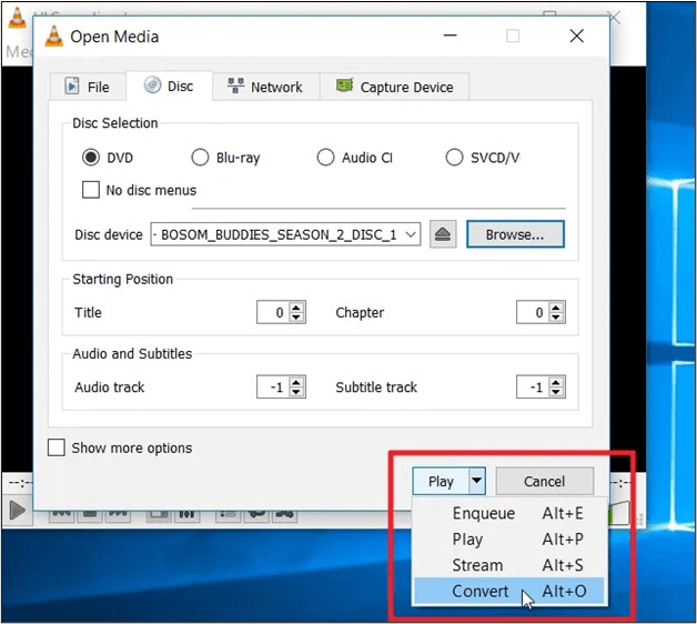 escolha a opção de conversão vlc