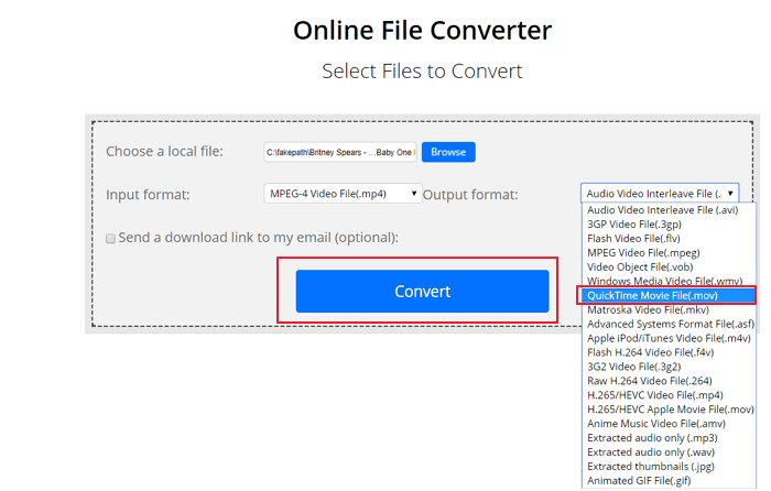convertire file MP4 in MOV su ConvertFiles