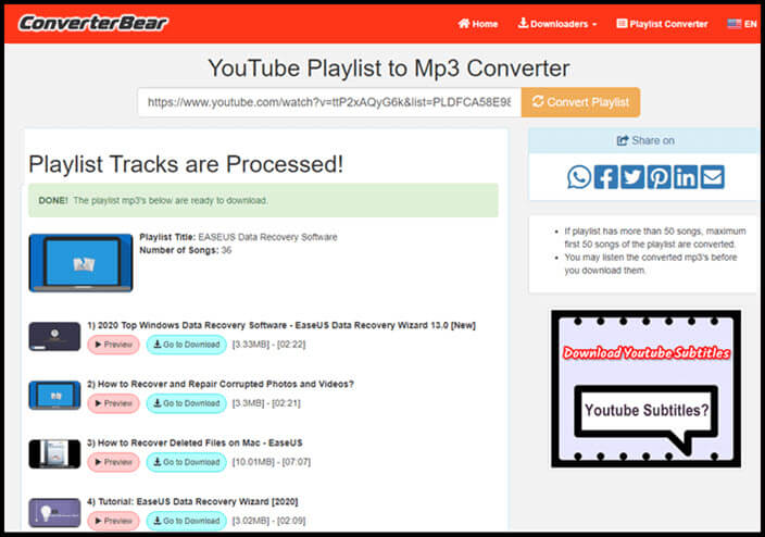 Playlist YouTube di ConverterBear MP3