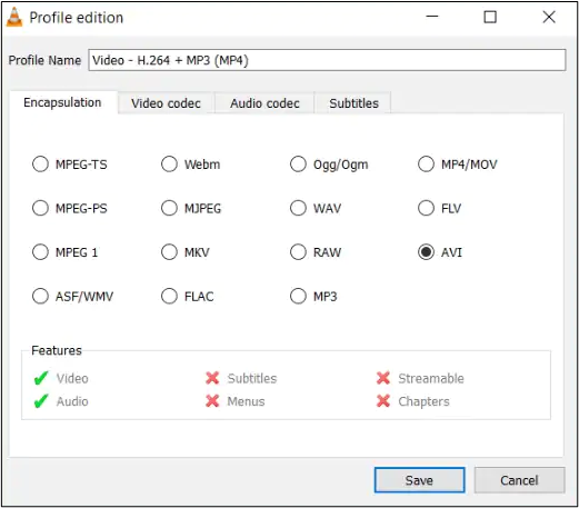 seleção de formato vlc