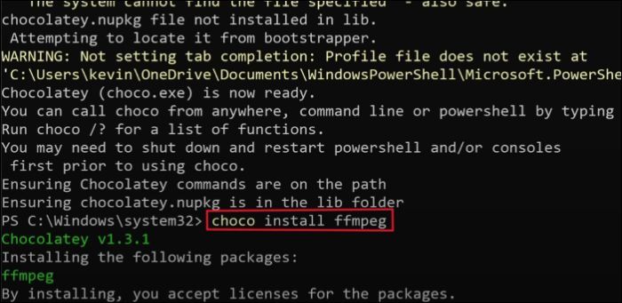 Install FFMPEG after downloading Chocolatey