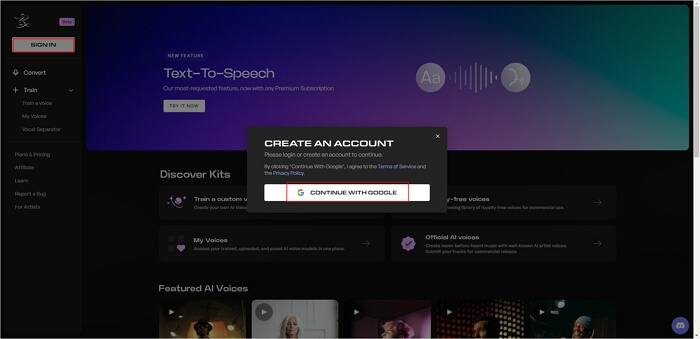 Kits.AI create an account