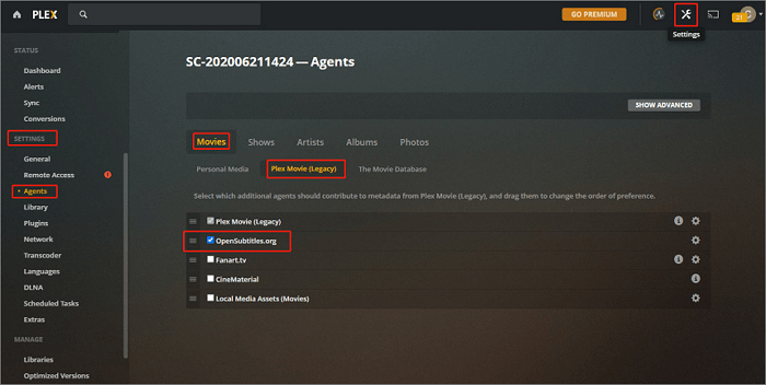 plex habilita download de legendas automaticamente