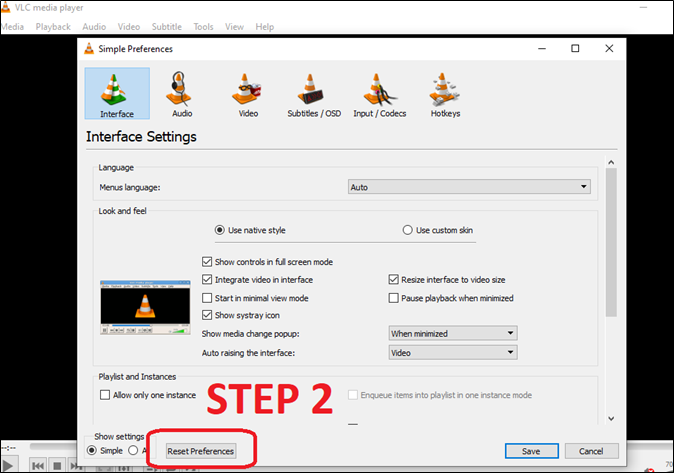reset vlc media player
