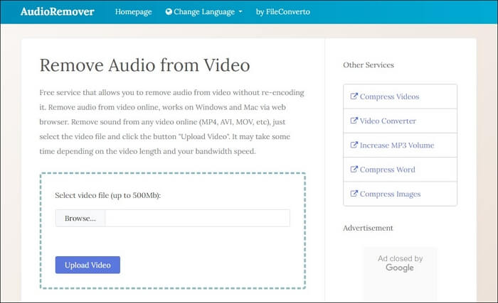 a interface do removedor de áudio