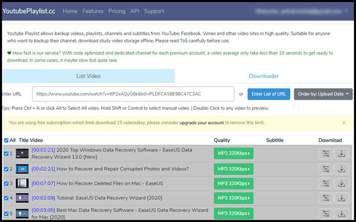 Playlist di YouTube in downloader MP3