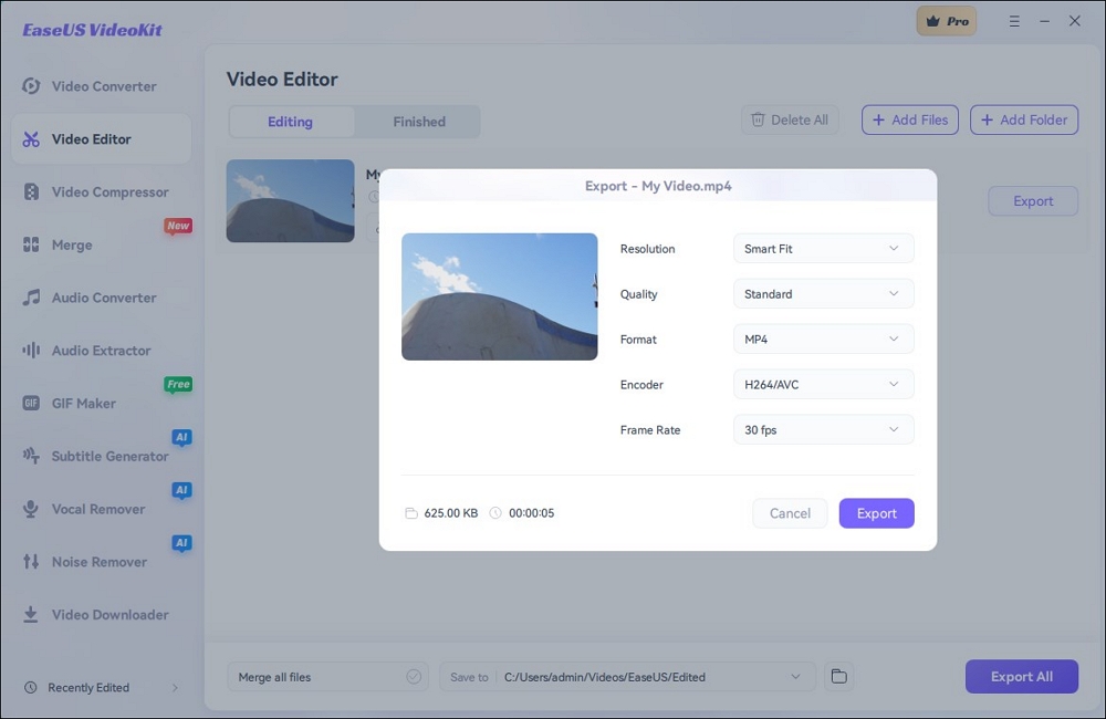 choose export the video file