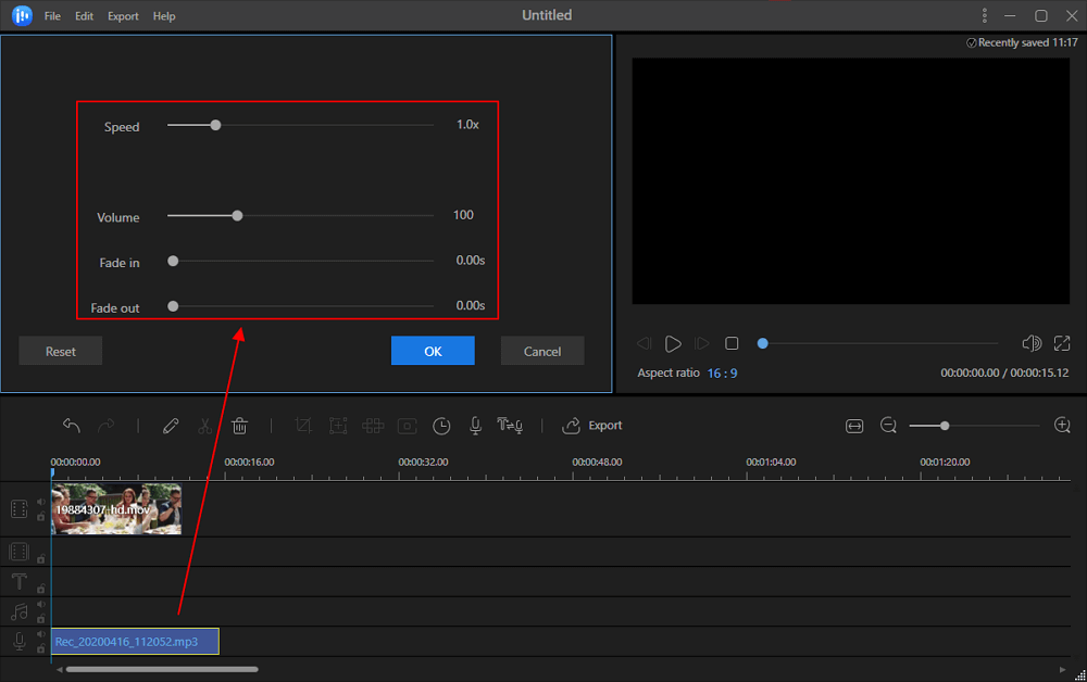 Editing audio speed, fade-in, and fade-out