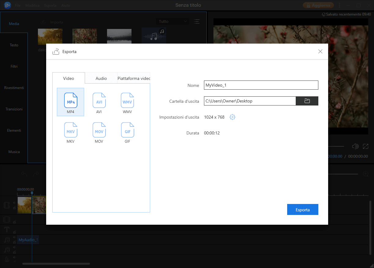 esportare foto con mosaico